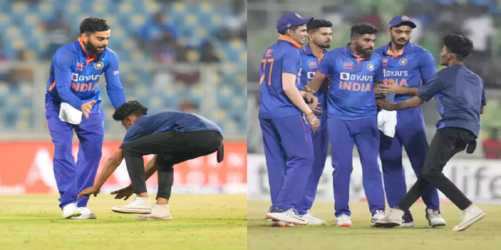virat kohli, IND vs SL: Virat Kohliને મળવા મેદાનમાં ઘૂસી આવ્યો ફેન, પગે લાગ્યો અને ફોટો પડાવ્યો - ind vs sl a fan entered in the field and touched virat kohli leg