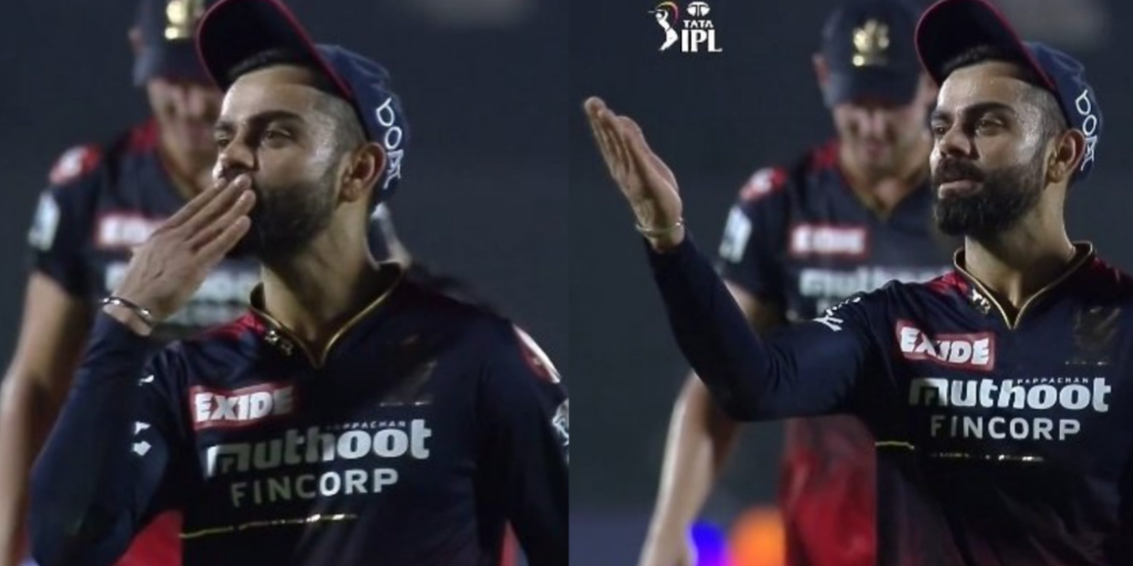 a flying kiss to wife anushka sharma, IPL 2023: વિરાટ કોહલીએ કેચ પકડ્યા પછી પત્ની અનુષ્કાને આપી ફ્લાઈંગ કિસ - virat kohli celebrated on the field after a catch by sending a flying kiss to wife anushka sharma in the stands