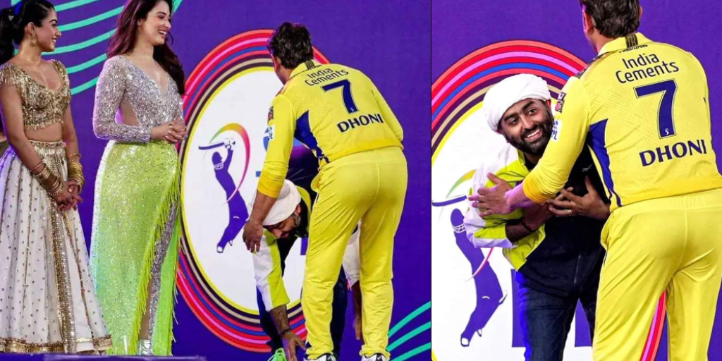 ms dhoni, IPL 2023: ઓપનિંગ સેરેમની બાદ MS Dhoniના પગમાં પડી ગયો Arijit Singh, કેમેરામાં કેદ થઈ આ ક્ષણ - arijit singh touched ms dhoni feet after ipl 2023 opening ceremony at narendra modi stadium
