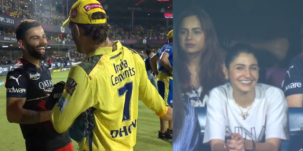 ms dhoni, IPL 2023: મેદાનમાં MS Dhoni અને Virat Kohliનો બ્રોમાન્સ, Anushka Sharmaનું ક્યૂટ રિએક્શન કેમેરામાં થયું કેદ - csk vs rcb bromance between ms dhoni and virat kohli anushka sharma reaction caught attention
