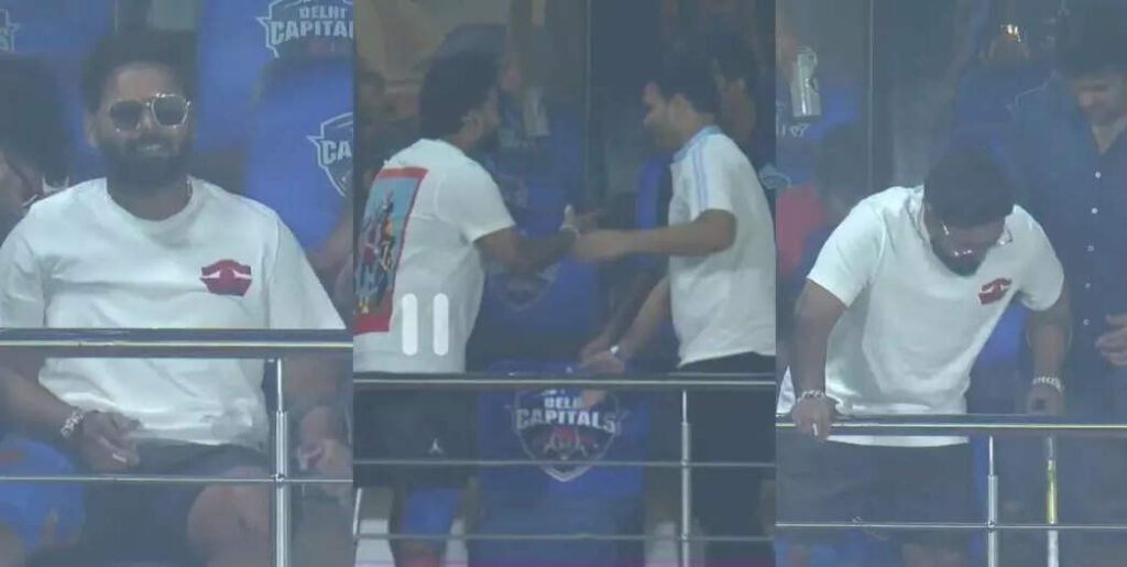 rishabh pant, વધેલું વજન, તૂટેલો પગ... દુખાવો છતાં દિલ્હી કેપિટલ્સને સપોર્ટ કરવા સ્ટેડિયમ પહોંચ્યો પંત - ipl 2023 rishabh pant in stadium to cheer delhi capitals against gujarat titans